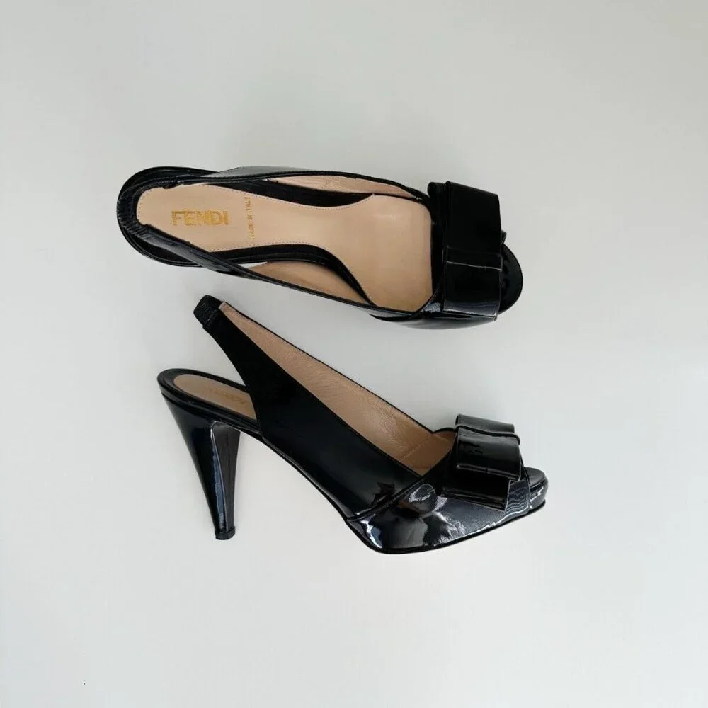 FENDI Women's Black Patent Leather Bow Platform Slingback Pumps Size 36.5 US 6.5